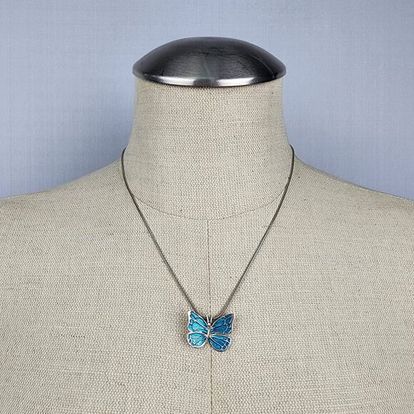 Vintage Jewelry - Vintage ARZ 925 Sterling Blue Butterfly Pendant Chain Necklace